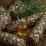 Pine-Bark-Oil-on-the-table-with-pine-barks-and-leafs