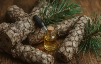 Pine-Bark-Oil-on-the-table-with-pine-barks-and-leafs