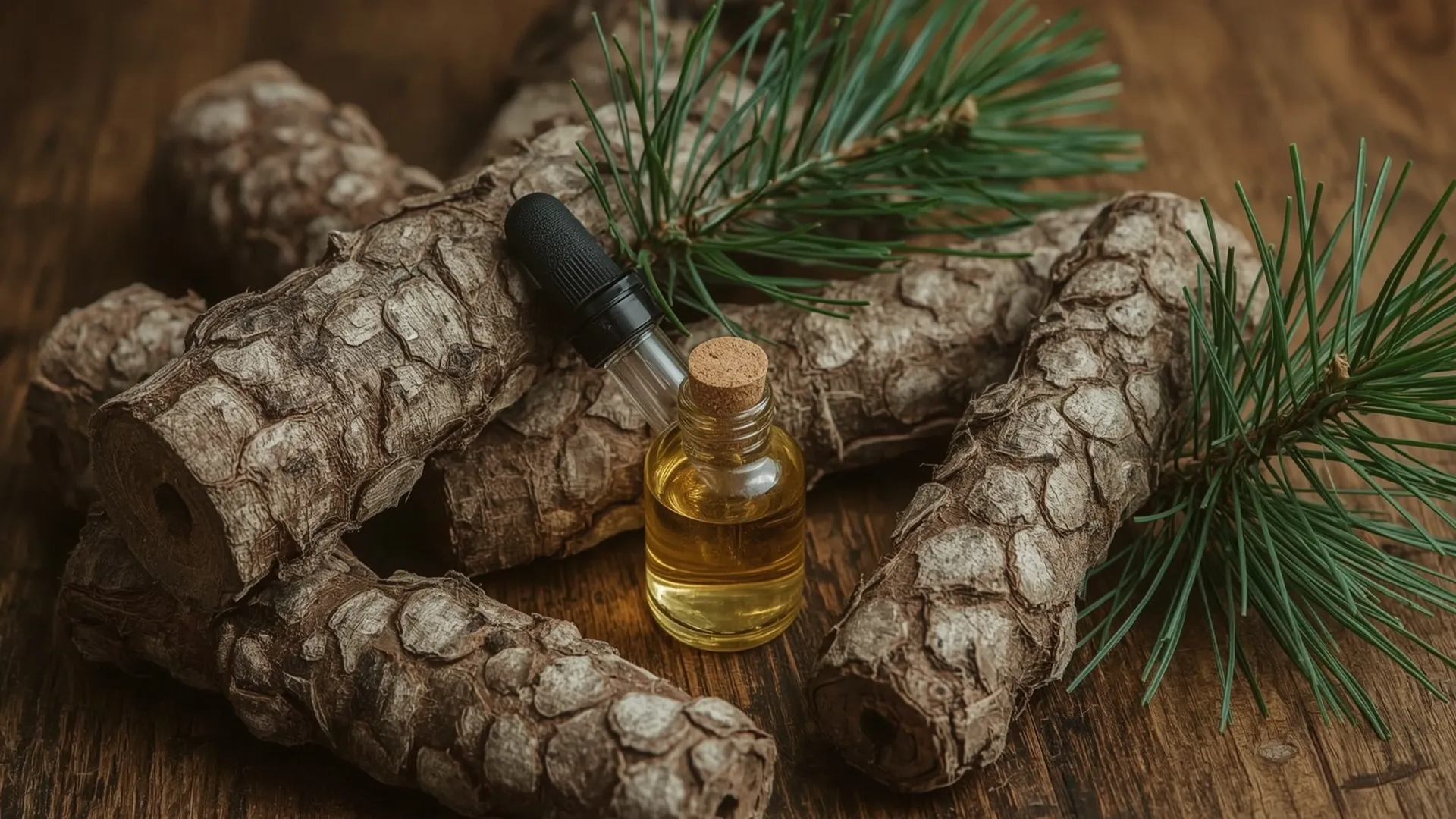 Pine-Bark-Oil-on-the-table-with-pine-barks-and-leafs